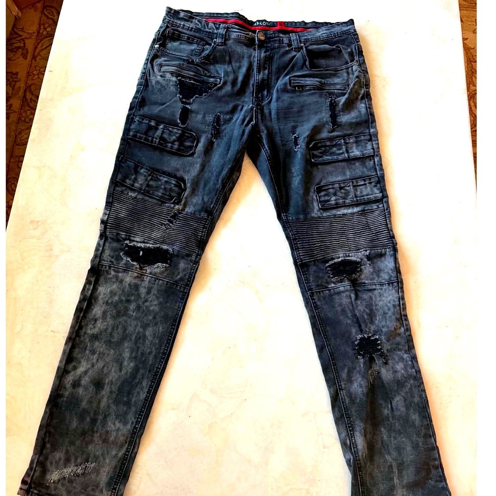 Makobi Men Black Moto Distressed Cargo Jeans 38x34 M1713 Streetwear Ribbed Knee